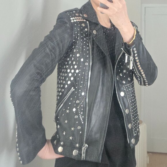 Nour Hammour Metal Studded Black Leather Motorcycle Jacket - Picture 4 of 5